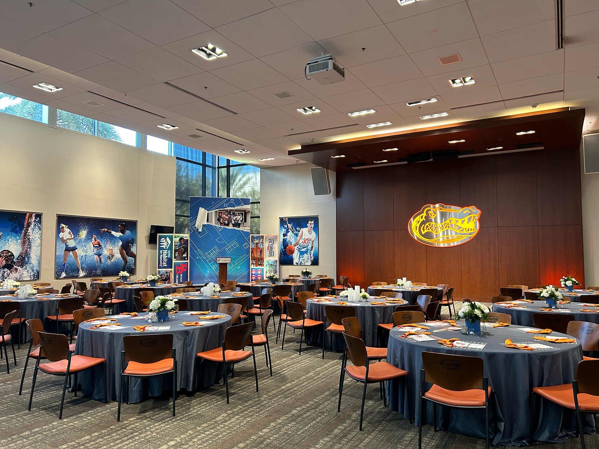 large, Gators decorated room with dining tables